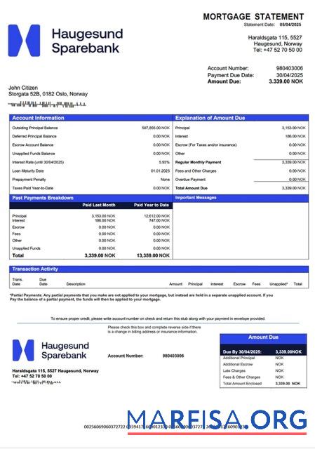 Printable Norway Haugesund Sparebank mortgage statement Word and PDF template